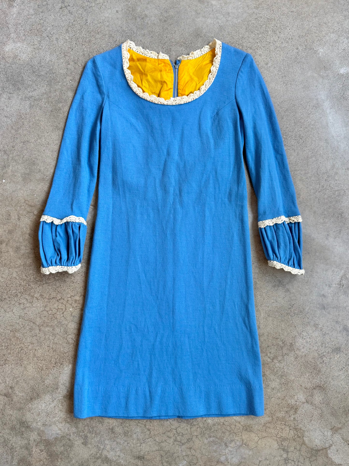 Vintage 1960s Denise Blue Wool & Crochet Trim Long Sleeve Dress | XS