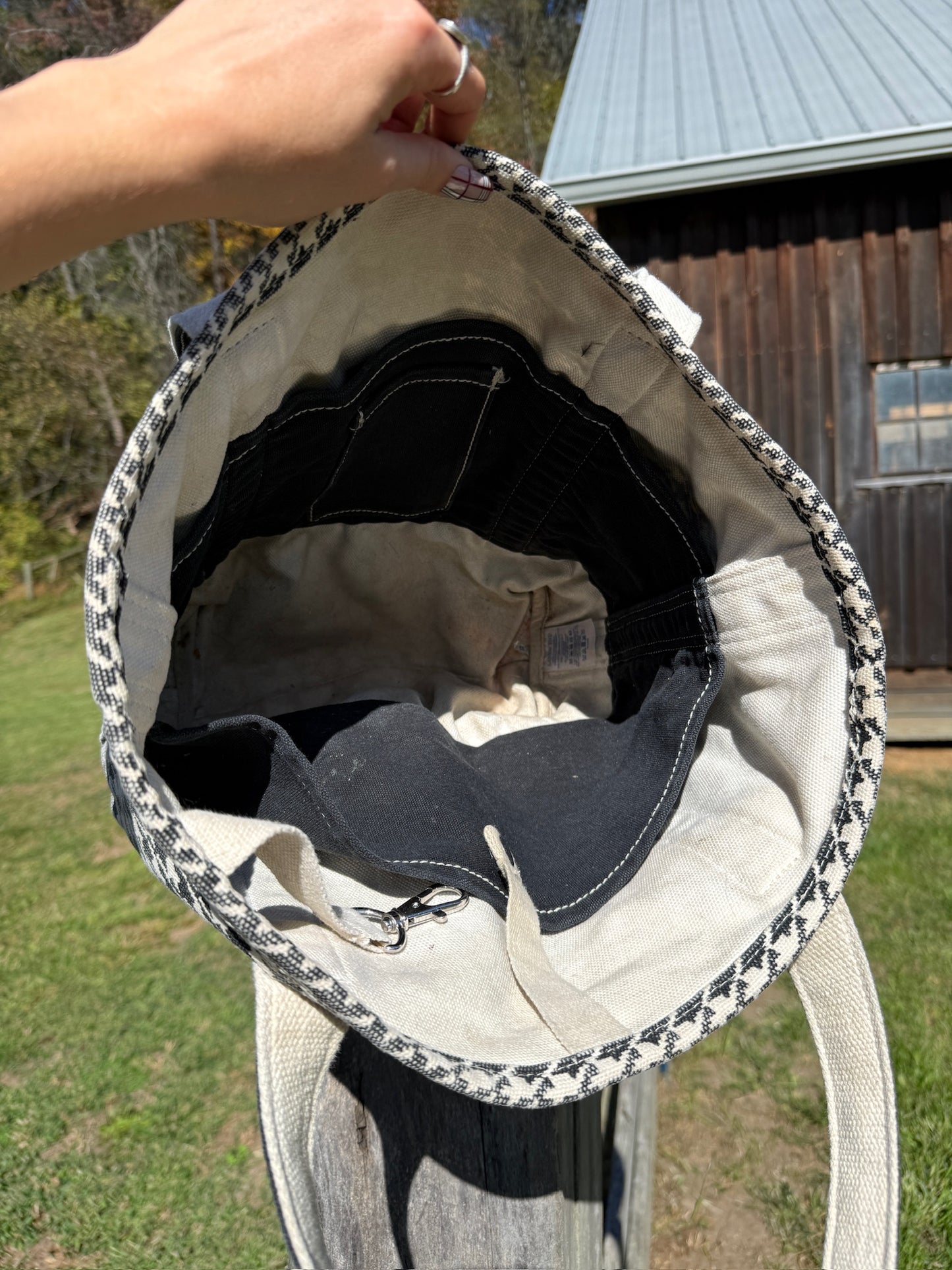 Lands' End Black & White Houndstooth Canvas Tote Bag