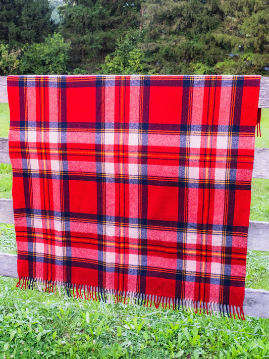 Vintage 1950s William Ayres & Sons Red Plaid Wool Fringe Blanket