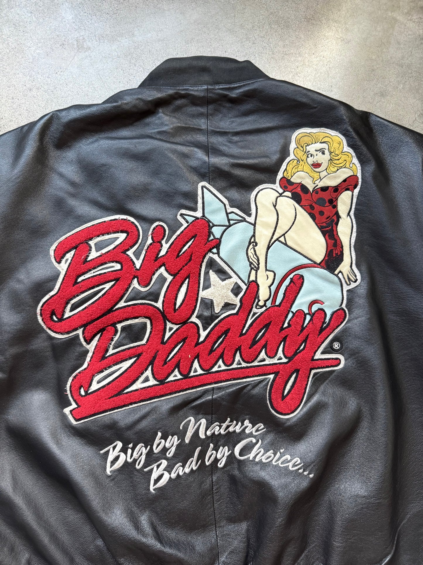 Vintage Big Daddy Embroidered Black Leather Bomber Jacket | 5XL
