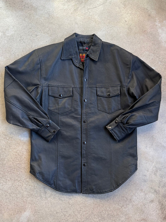 Vintage 1990s Hot Leathers Black Leather Button-Up Shirt Jacket | Medium