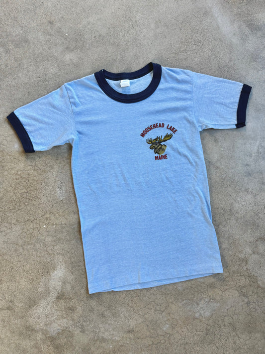 Vintage 1980s Moosehead Lake Maine Blue Ringer Tee | Small