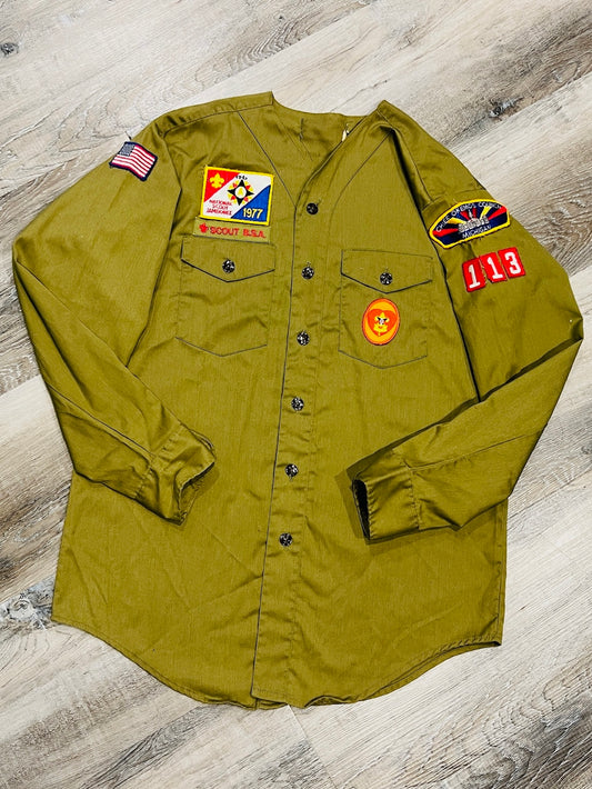 Vintage 1977 Scouts BSA Green Patched Button-Up Shirt | Large
