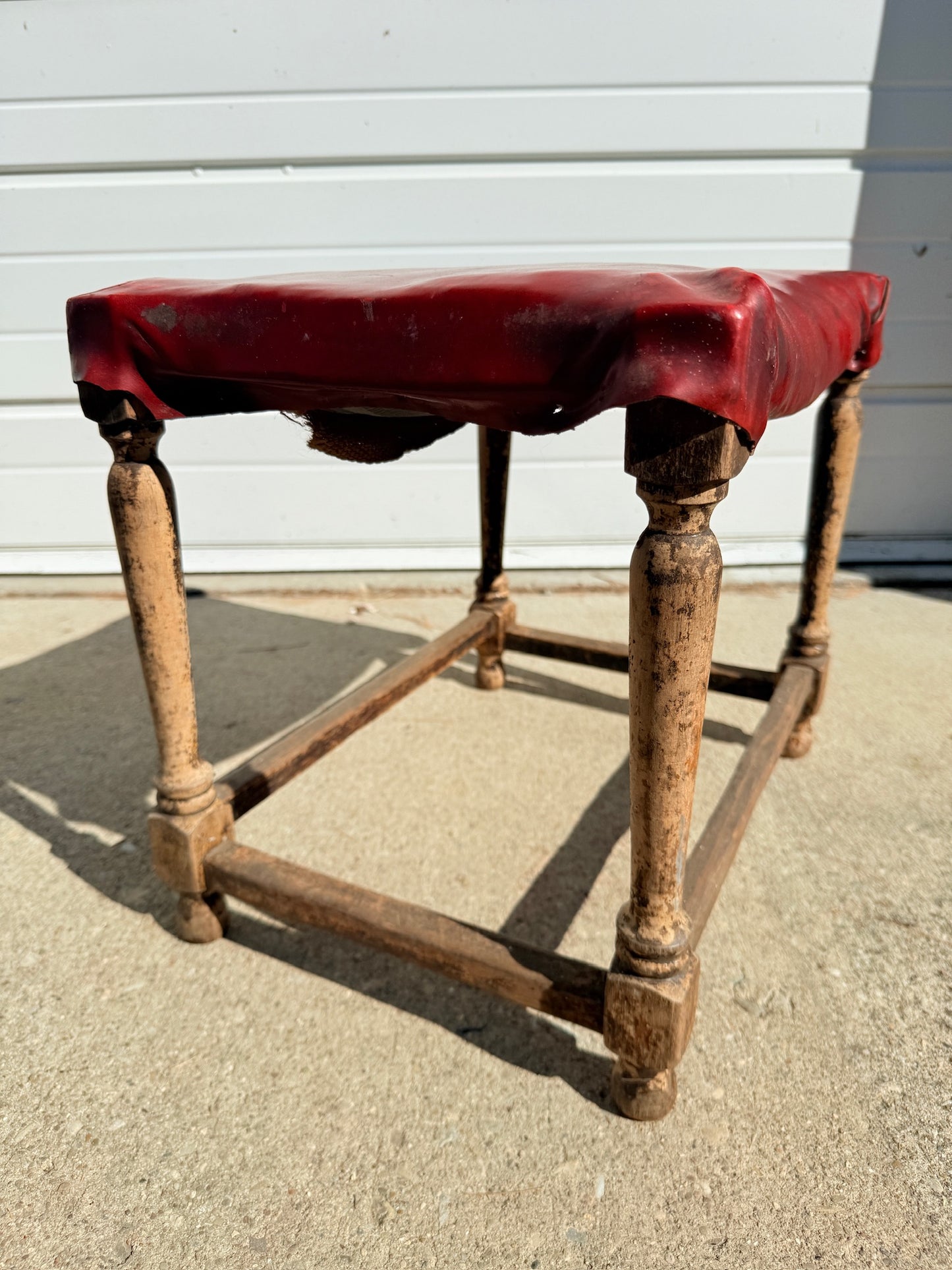 Antique French-Style Rustic Turned Leg Upholstered Footstool