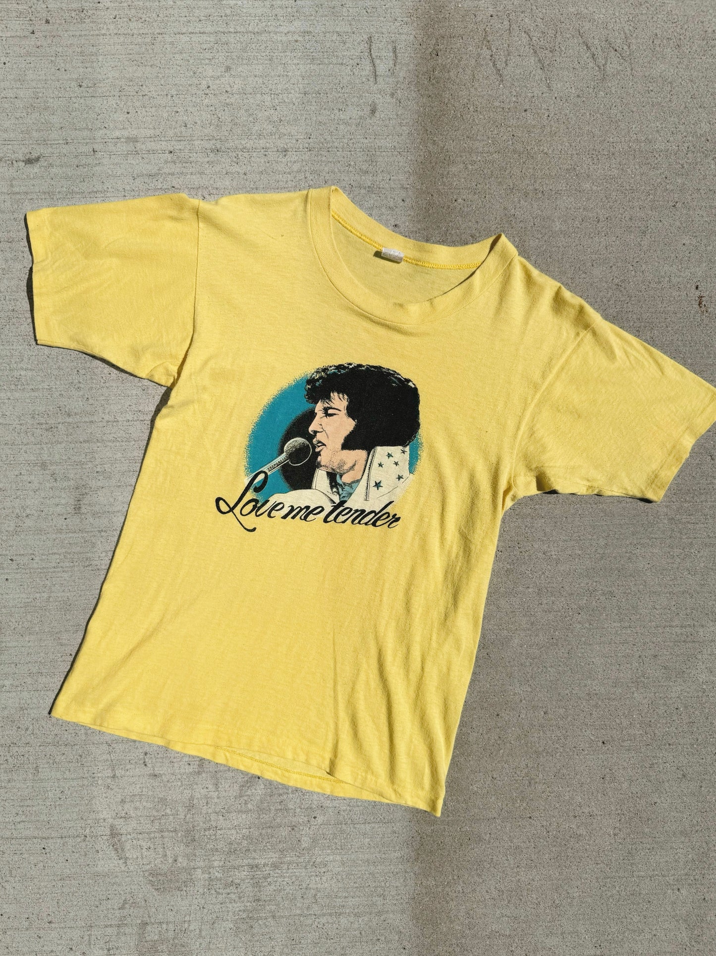 Vintage 1970s Elvis Love Me Tender Yellow Graphic Tee