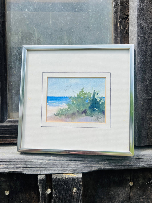 Vintage 1980s Framed + Signed Beach Watercolor Art