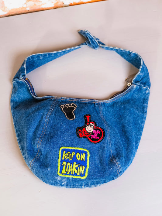 Vintage Patched Denim Hobo Shoulder Bag