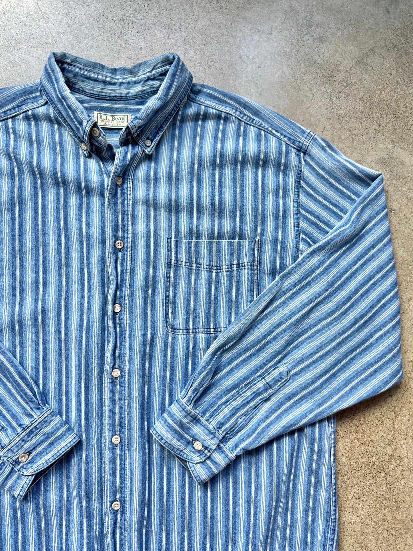 Vintage 1990s L.L. Bean Blue Striped Denim Button-Down Shirt | XL