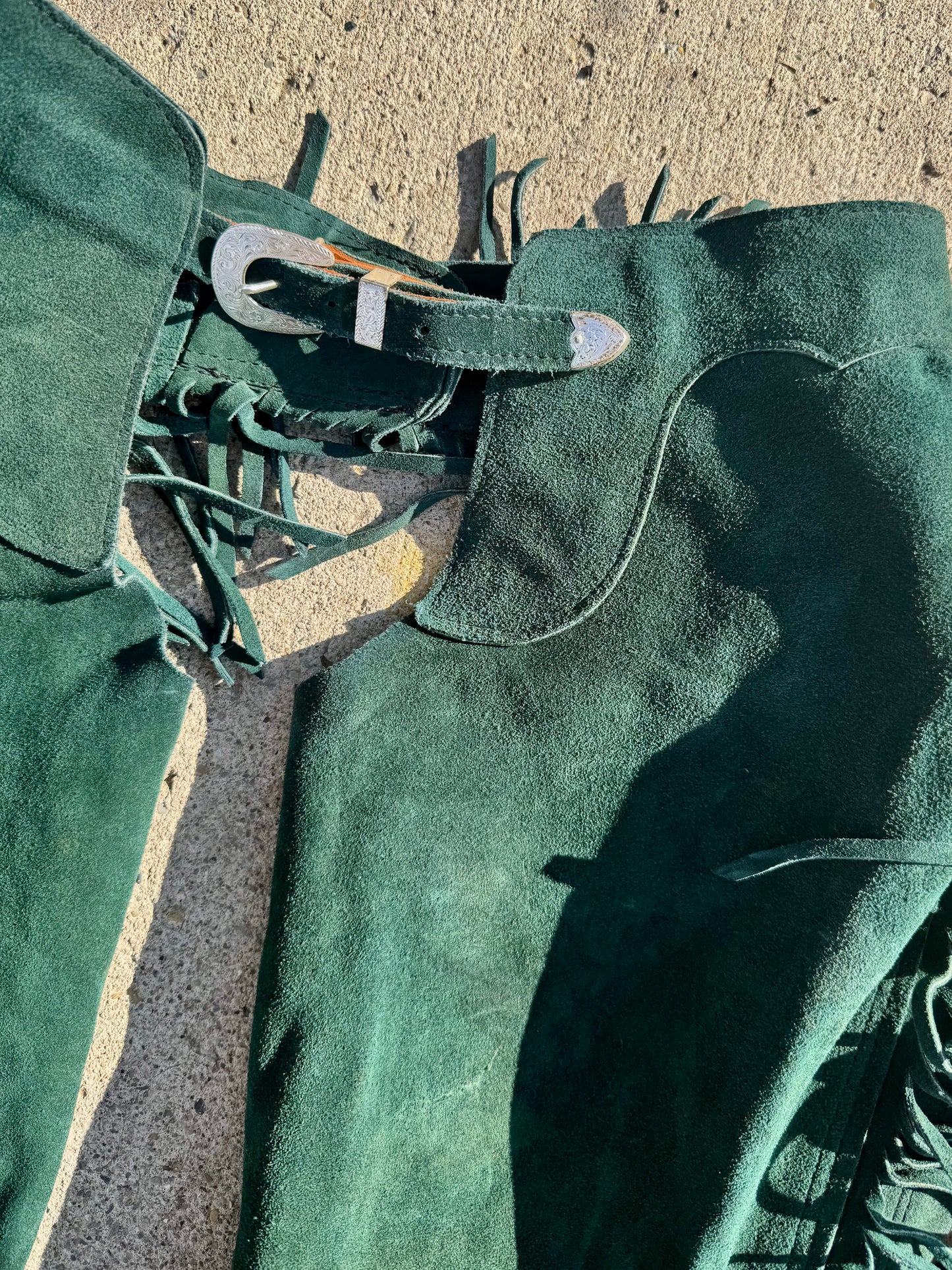 Vintage 1980s Rod's Western Palace Green Suede Leather Fringe Chaps | M/L