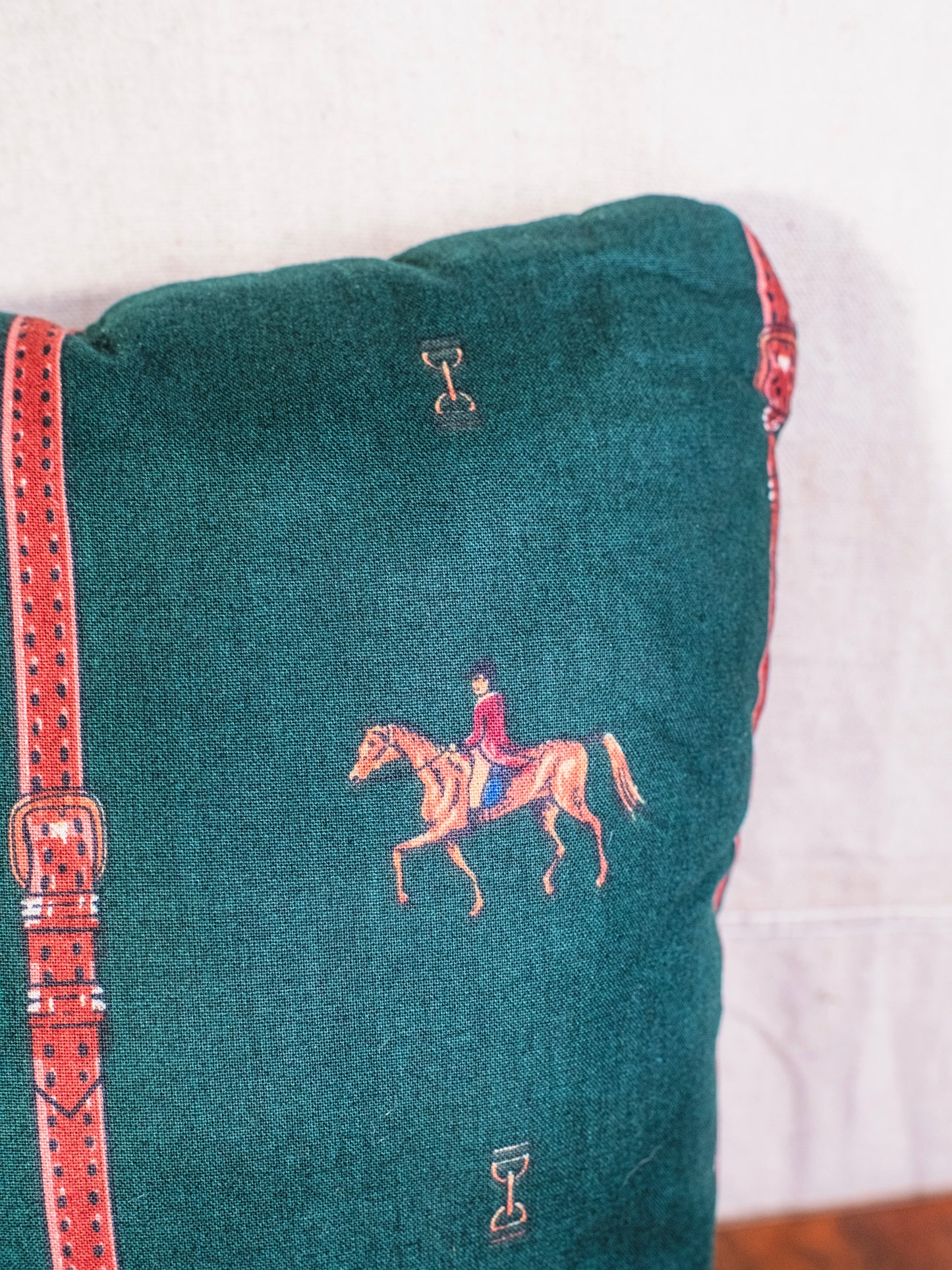 Vintage Handmade Green Equestrian Pattern Throw Pillow