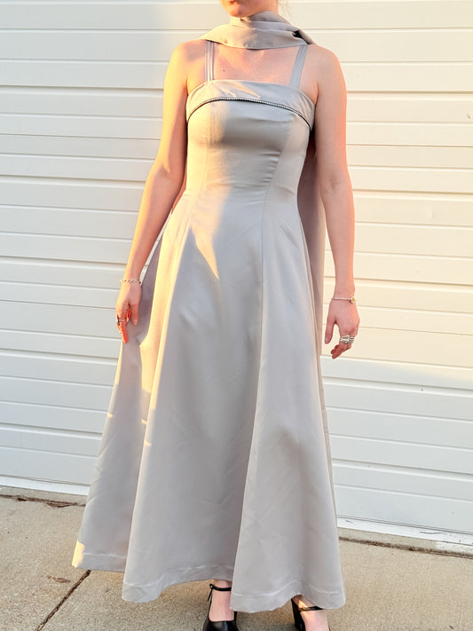 Vintage 1990s Dave & Johnny Silver Rhinestone Trim Formal Dress w/ Scarf | Small