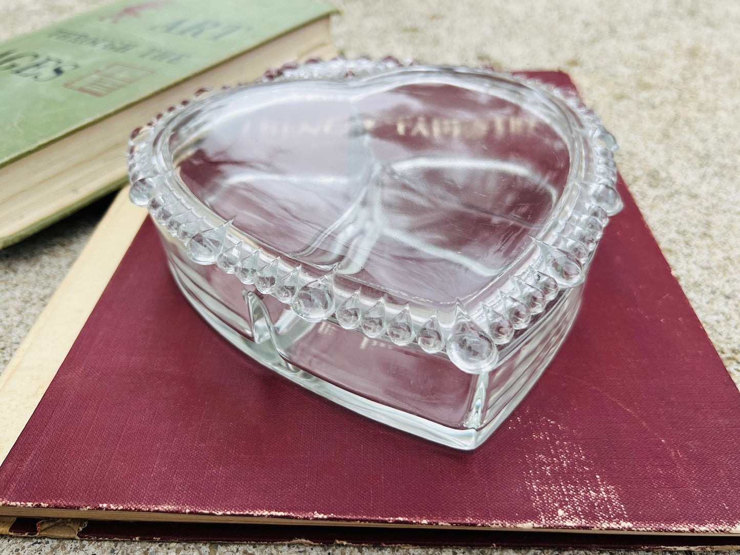 Vintage 1980s Glass Heart Three Compartment Trinket Box