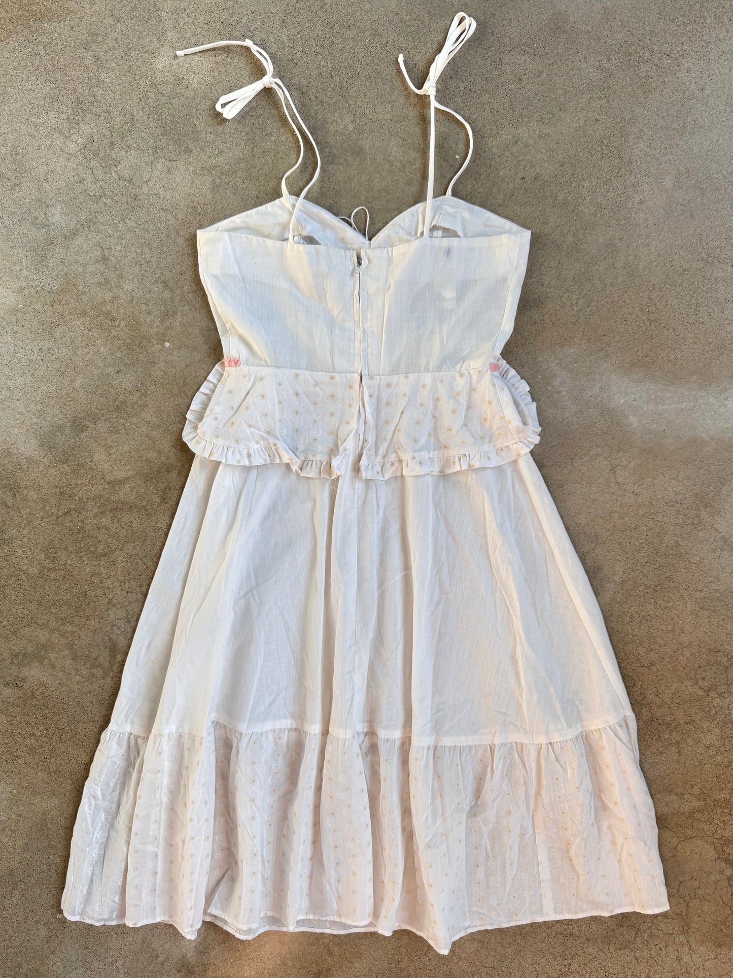 Vintage 1970s White & Pink Floral Embroidered Tie-Strap Prairie Dress | XS/S