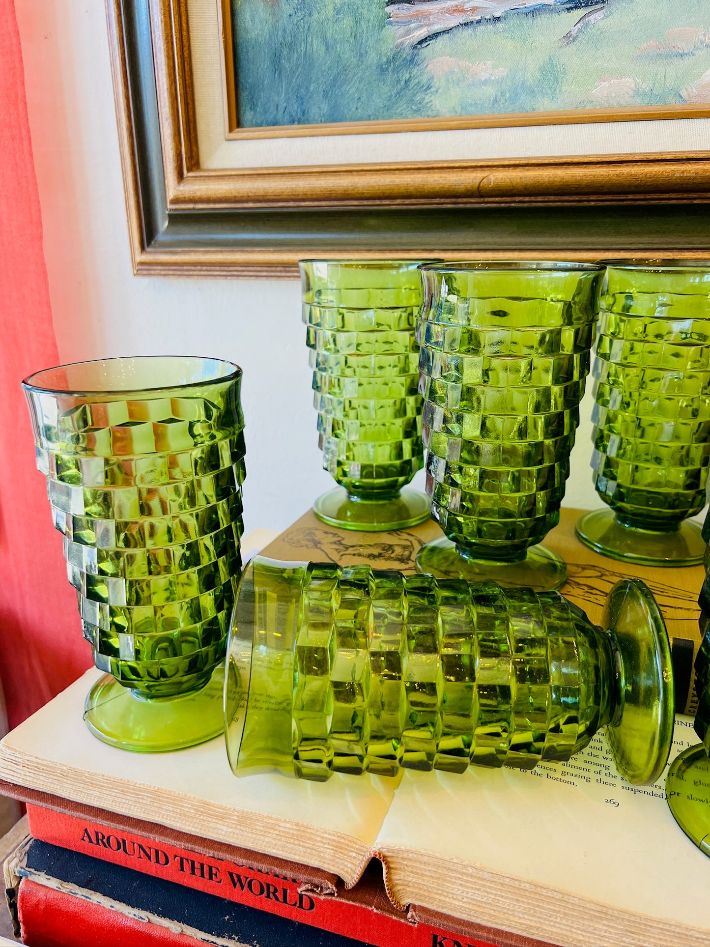 Vintage 1960s Fostoria Green Cubist Footed Glasses | Set of 6