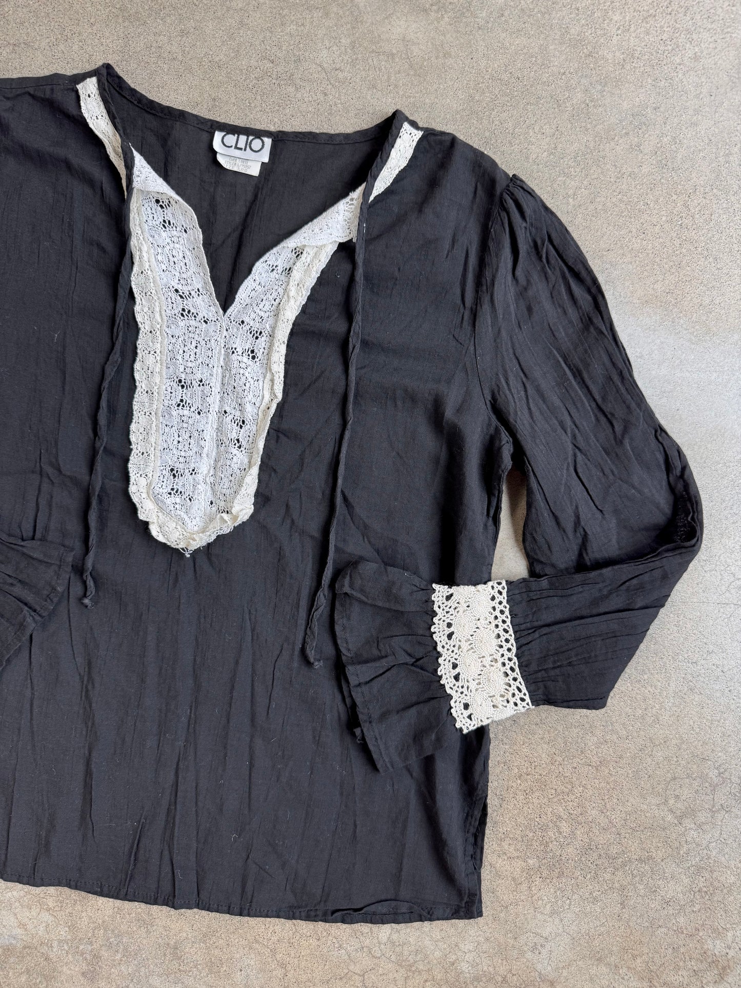 Vintage 1970s Clio Black Crochet Lace Cotton Tunic Blouse | Large