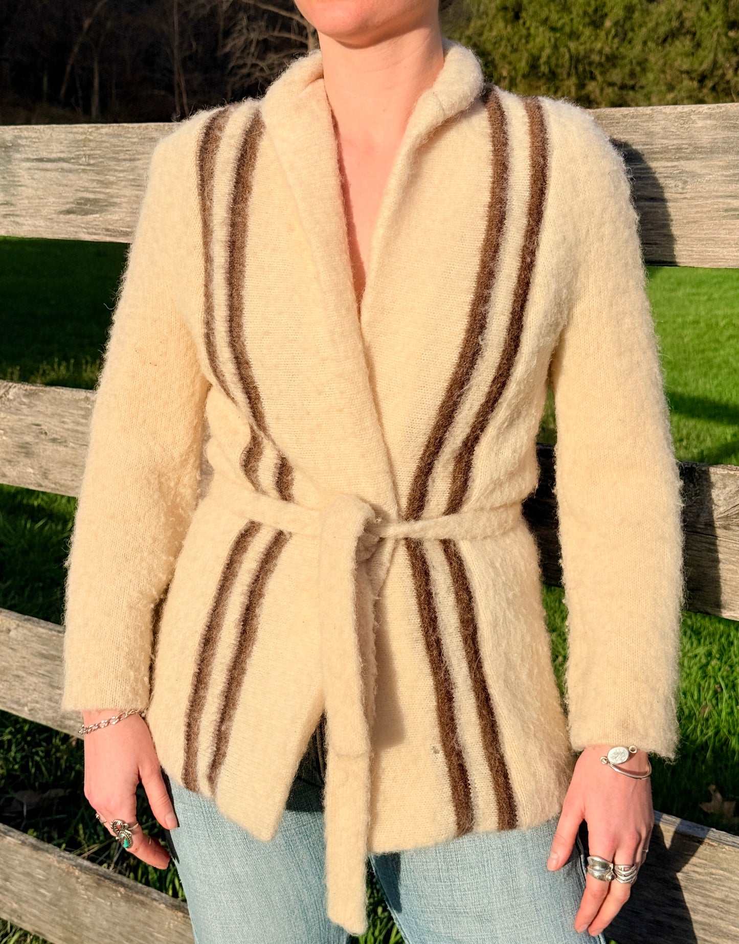 Vintage 1970s Vaka Icelandic 100% Wool Neutral Stripe Tie-Waist Sweater Jacket | XS