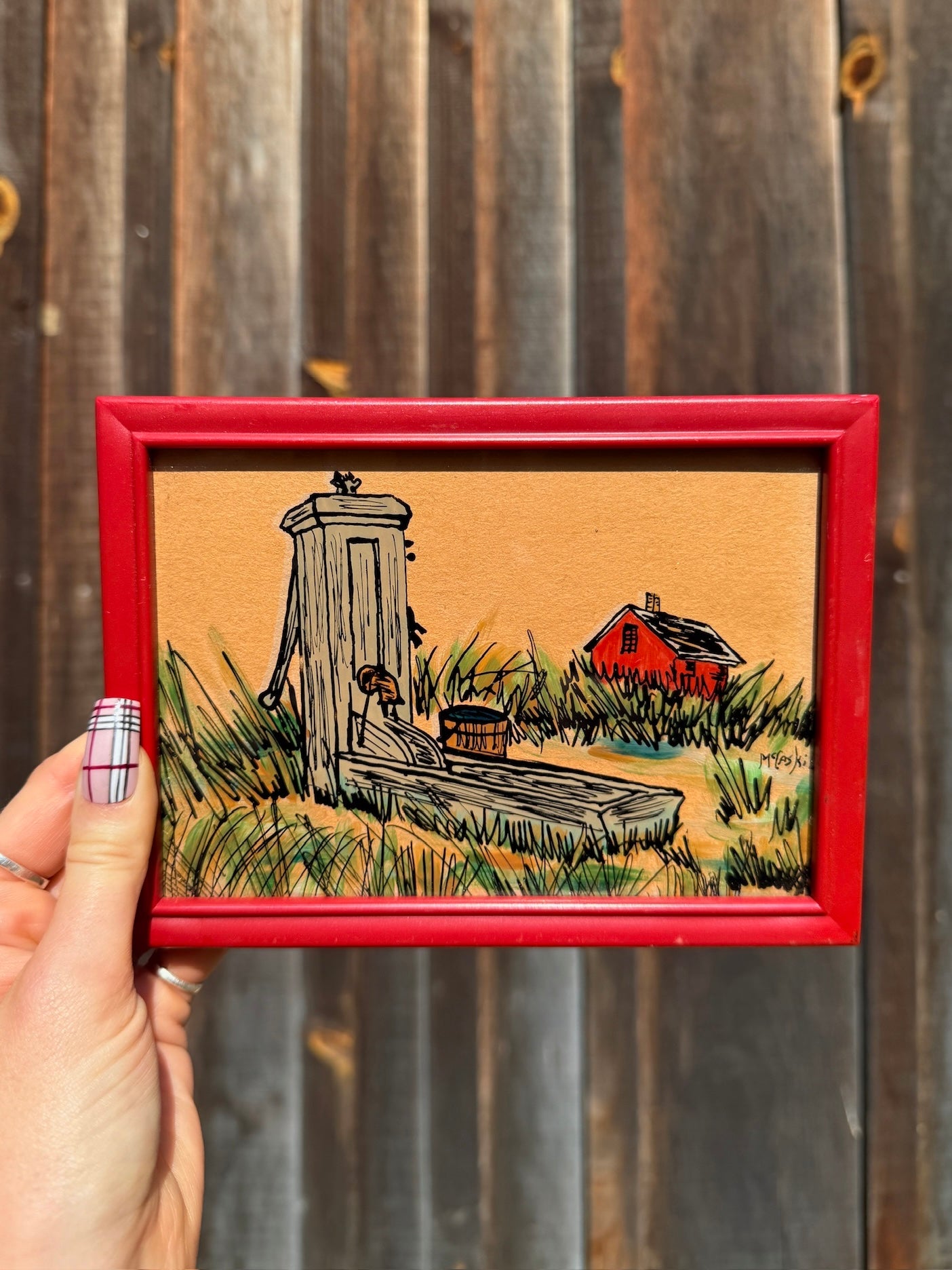 Vintage 1970s Framed & Signed McCaskil Rural Farm Scene Painting on Glass