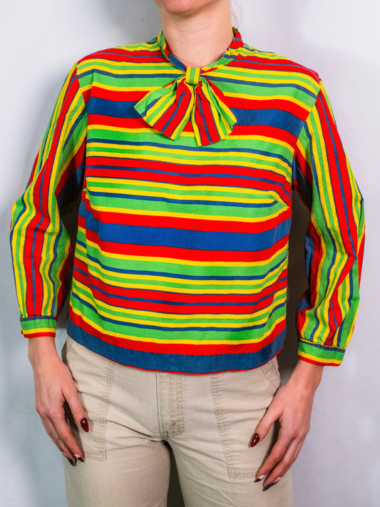 Vintage 1930s/40s Multi-Color Striped Bow Blouse | S/M