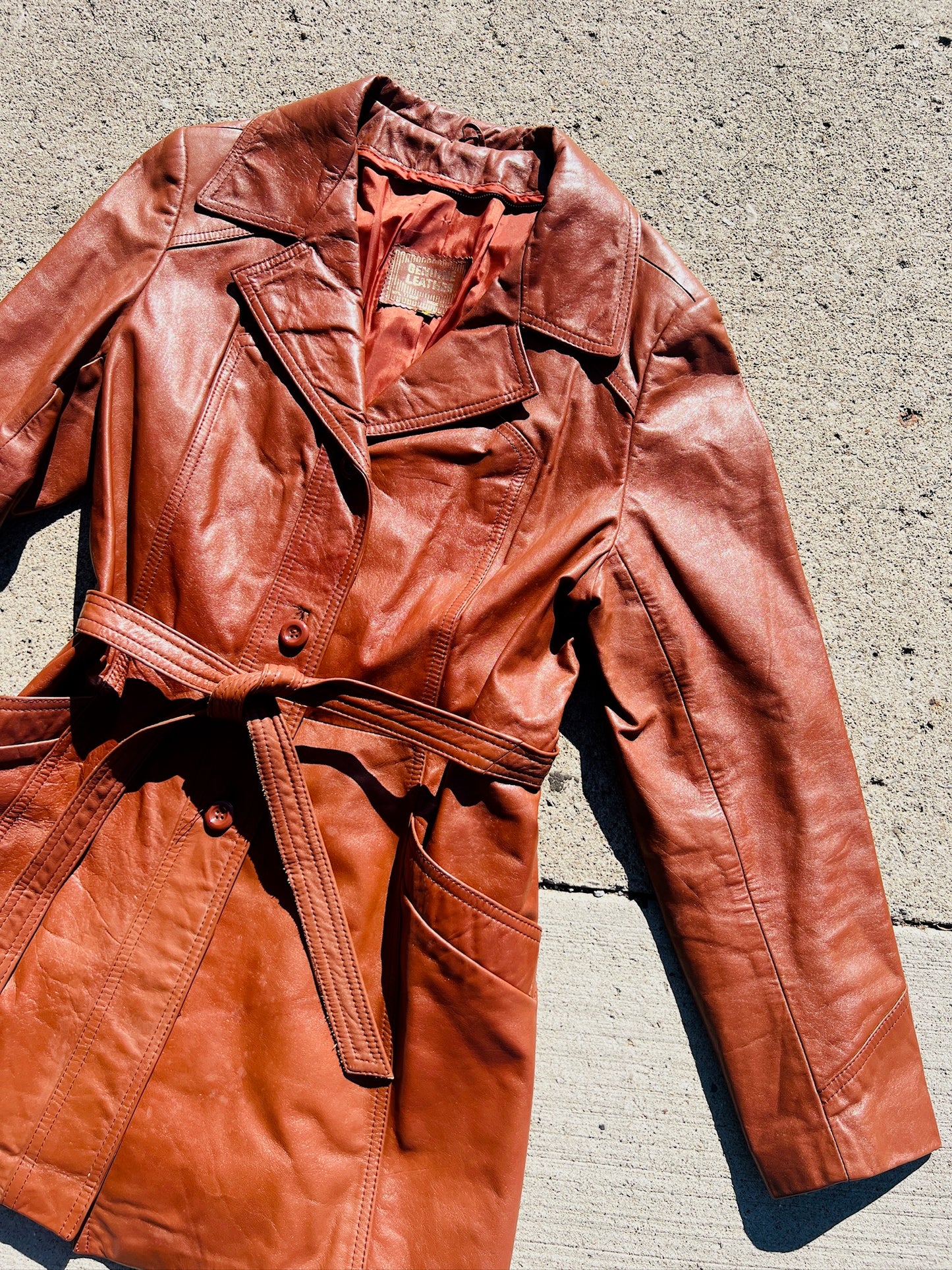 Vintage 1970s Cognac Brown Tie Waist Leather Jacket | M/L