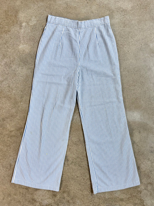Vintage 1970s Donnkenny Blue Striped Seersucker Wide-Leg Pants | Waist 30”
