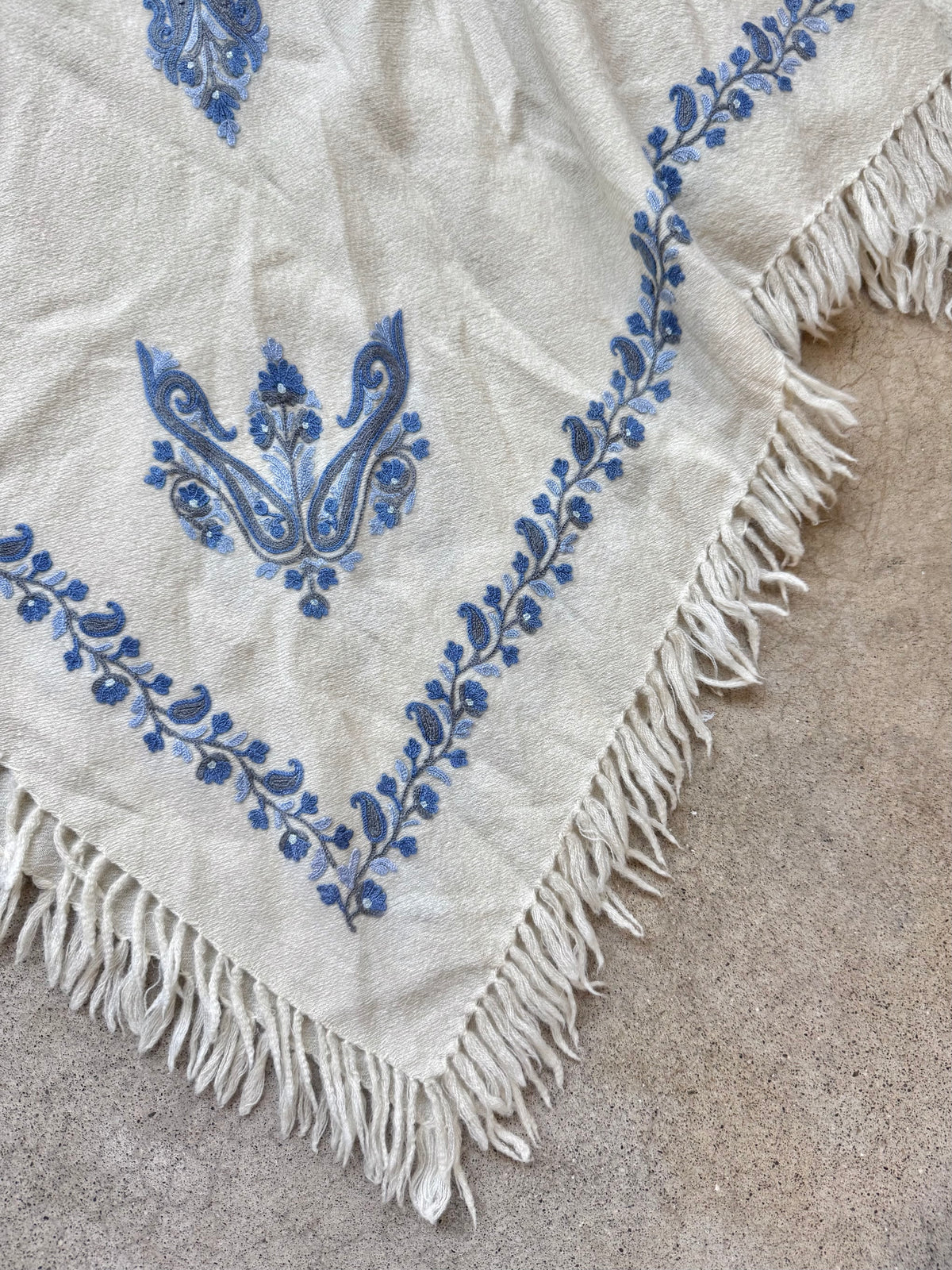 Vintage Cream & Blue Kashmiri Embroidered Wool Fringe Poncho | One Size