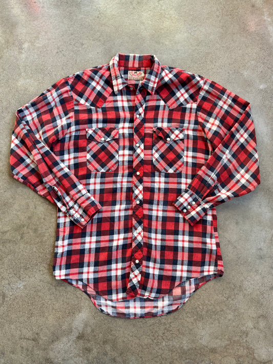 Vintage 1980s Buffalo Bill Red Plaid Western Flannel Shirt | Large