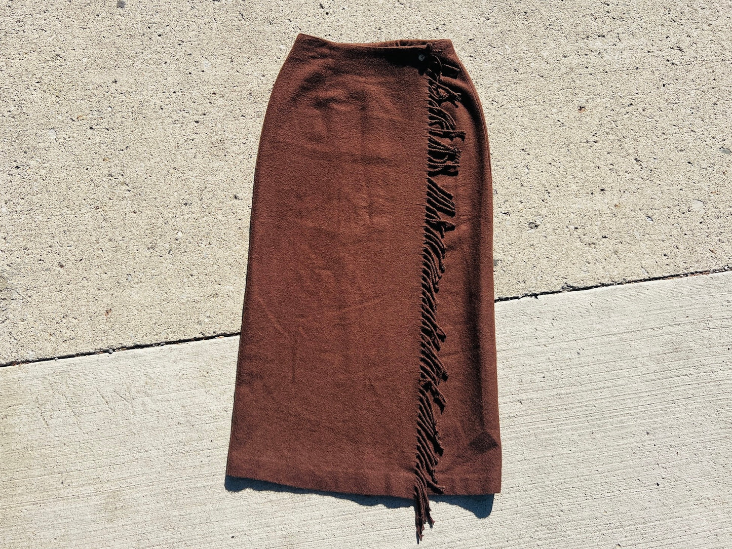 Vintage 1990s Tracy Evans Brown Fringe Maxi Wrap Skirt | XS/S