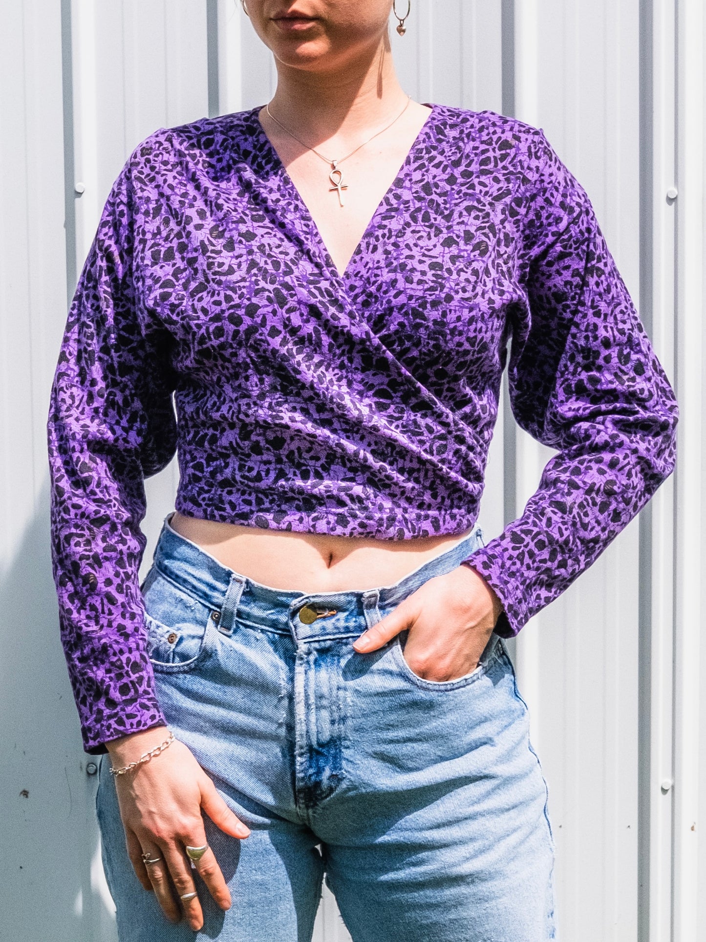 Vintage 1980s Necessary Objects Purple & Black Abstract Cropped Wrap Top | Small
