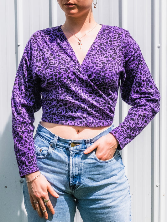 Vintage 1980s Necessary Objects Purple & Black Abstract Cropped Wrap Top | Small