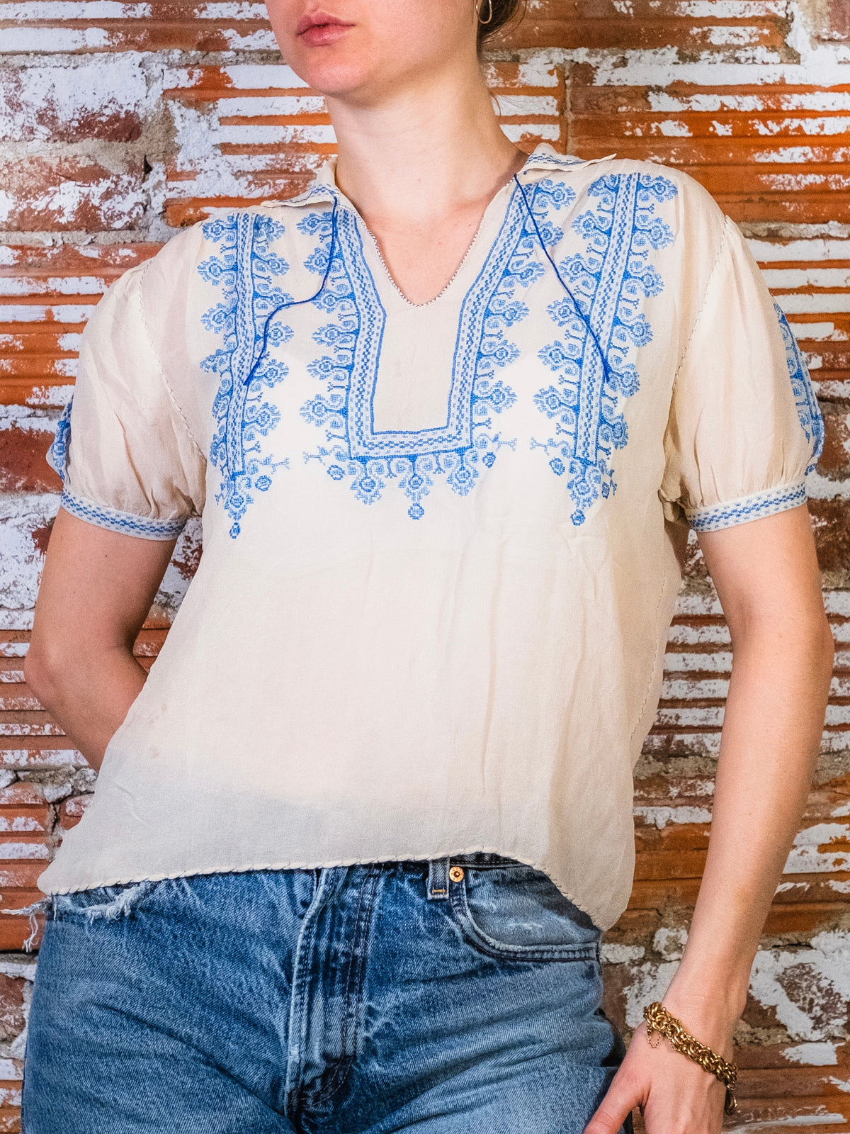 Vintage Hungarian Folk Embroidered Short Sleeve Peasant Blouse | Medium