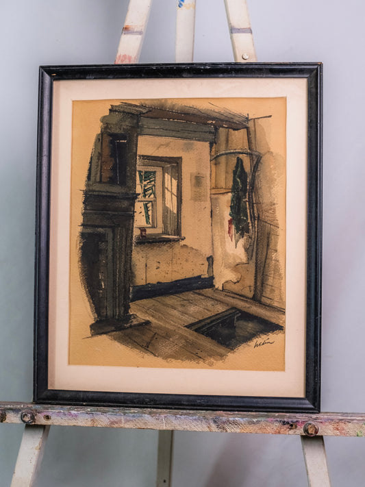 Vintage 1930s Framed & Signed Elof Wedin "Dark Room" Watercolor Art