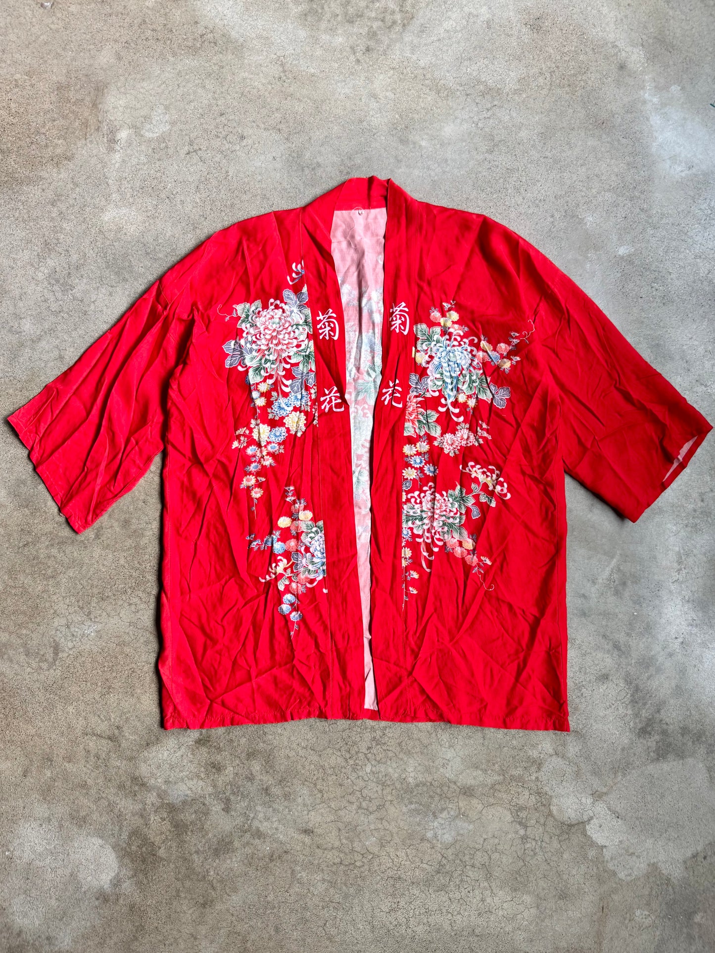 Vintage 1970s Japanese Red Floral Pattern House Coat | L/XL