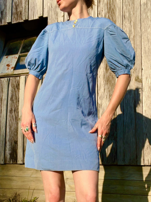 Vintage 1960s Handmade Blue Puff Sleeve Mini Dress | S/M
