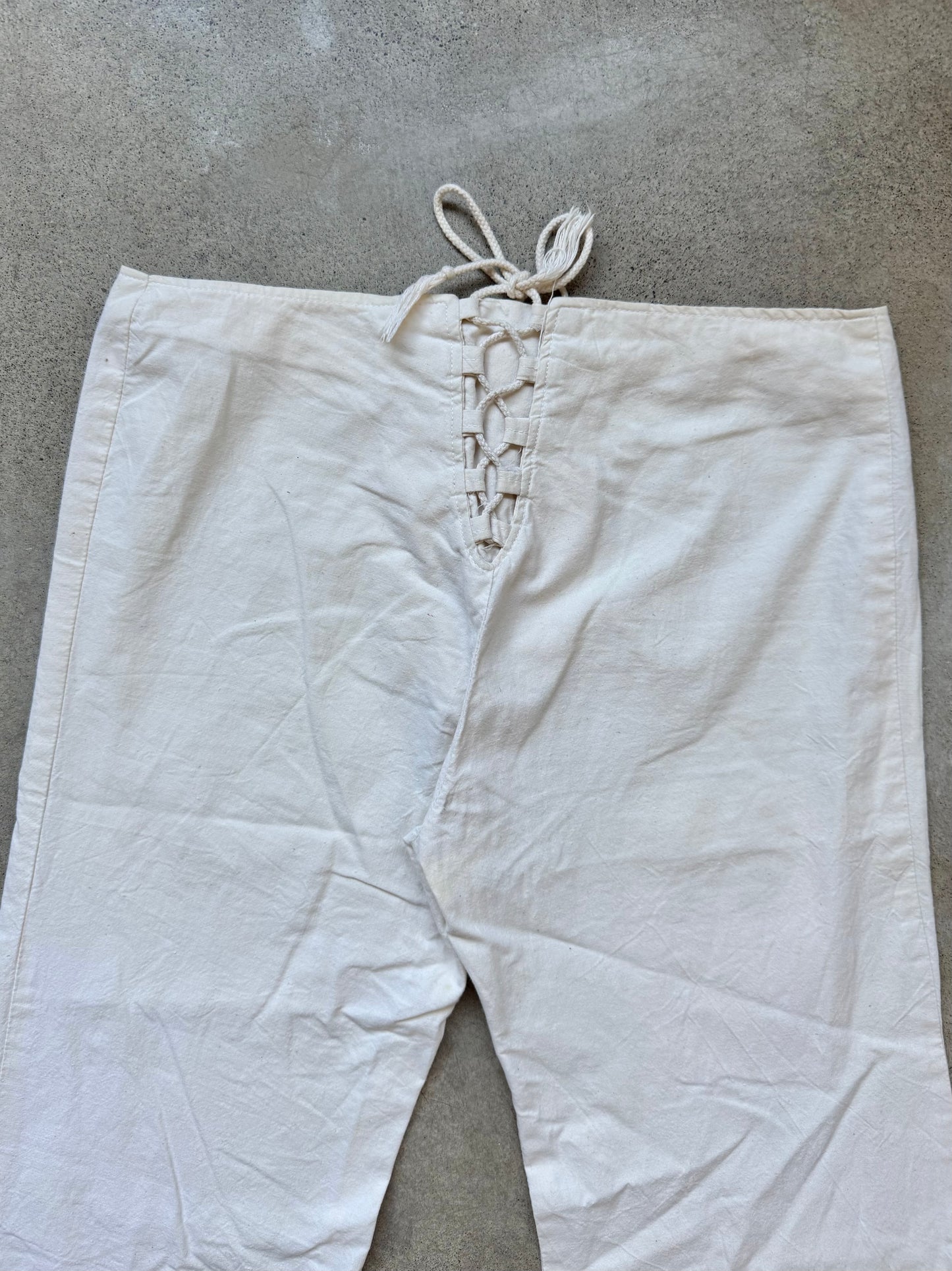 Vintage 1970s Philippe Salvet French Cotton Lace-Up Bell Bottom Pants | S/M