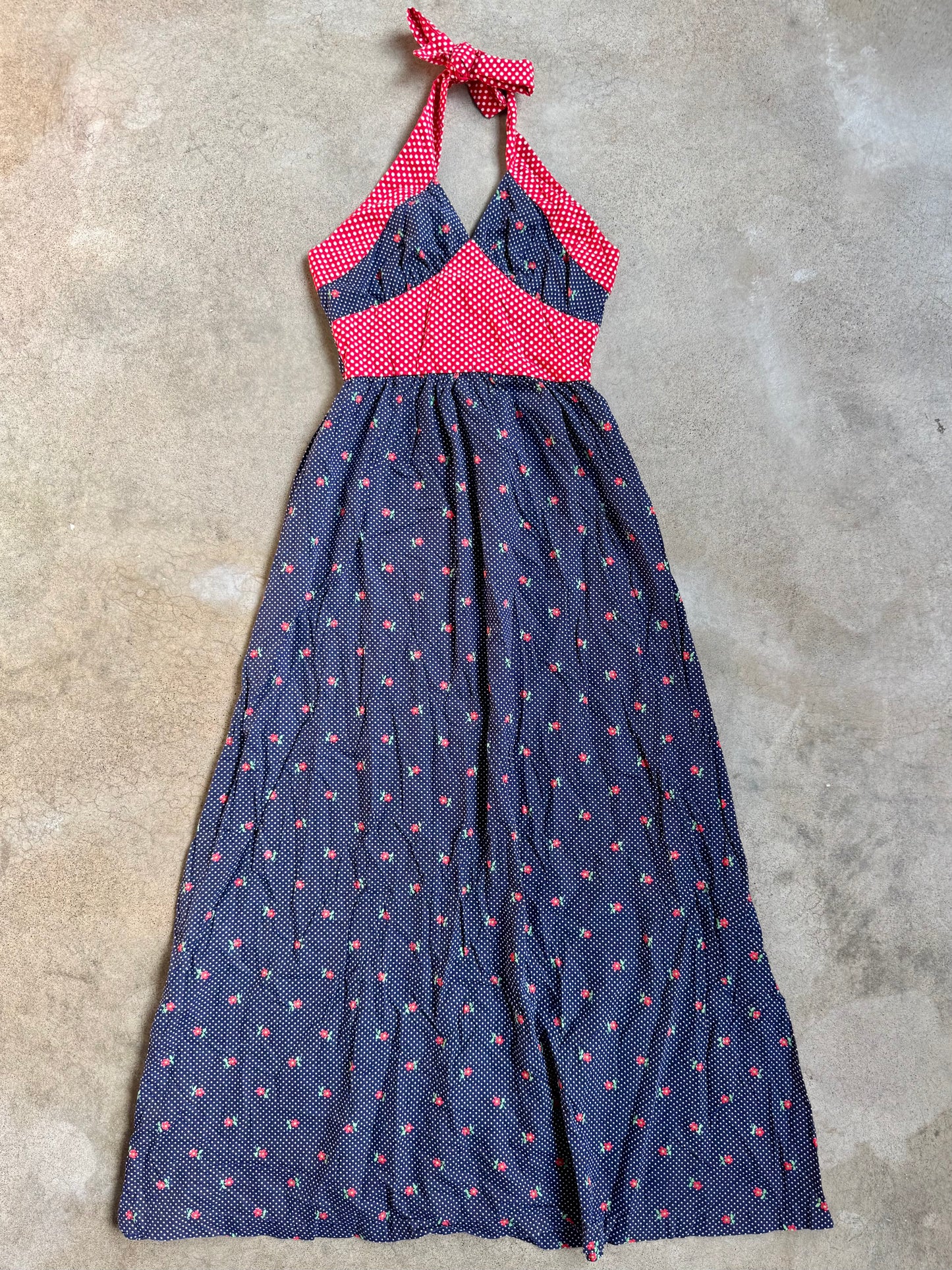 Vintage 1970s Red & Navy Polka Dot Floral Print Halter Maxi Dress | XS/S