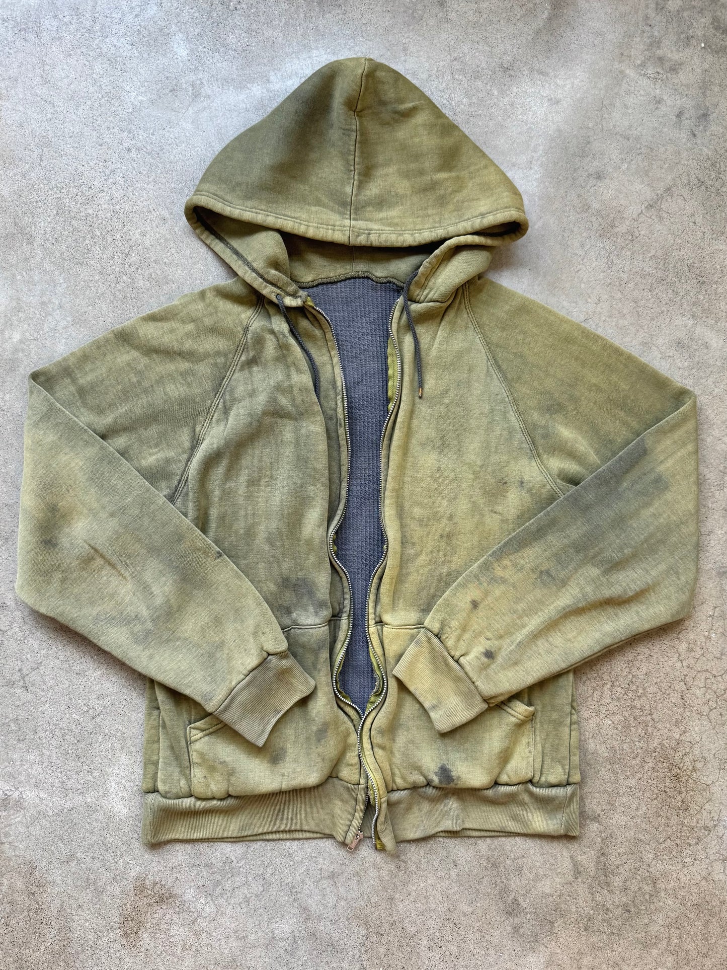 Vintage 1960s Distressed Green Thermal Lined Hooded Zip-Up Sweatshirt | Medium