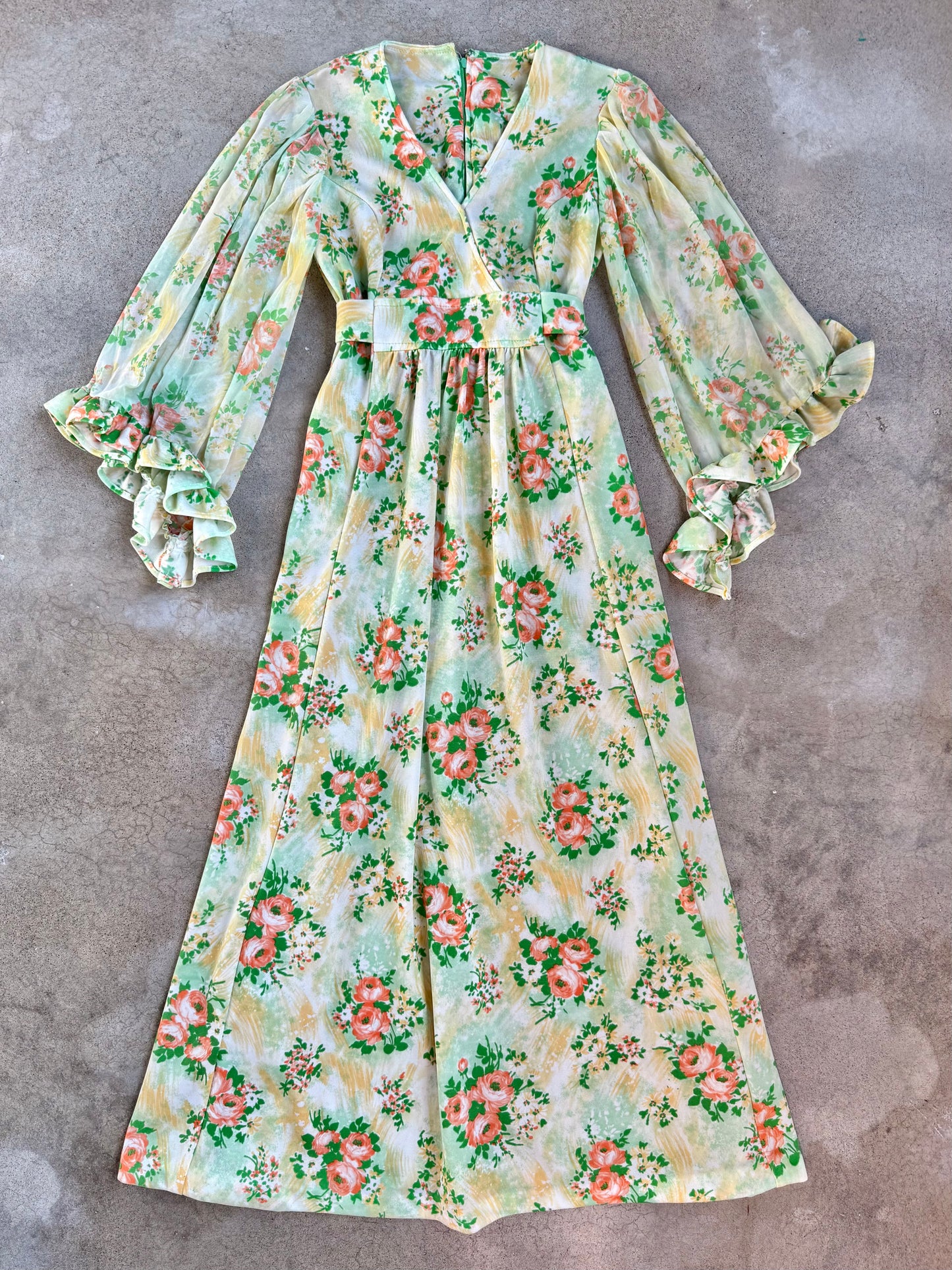 Vintage 1970s Green & Orange Floral Print Ruffle Sleeve Maxi Dress | Small