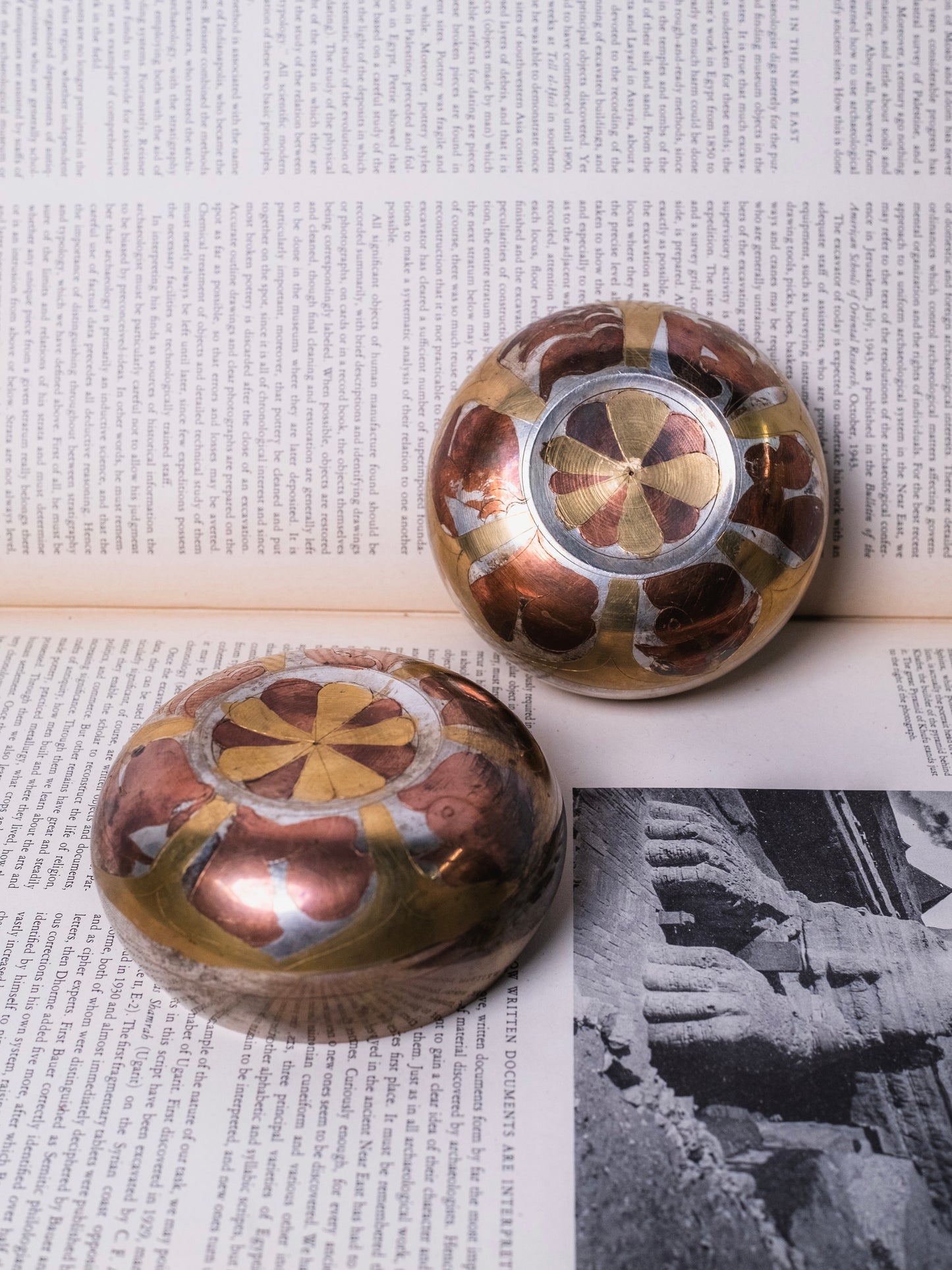 Vintage 1950s Tibetan Metal Inlay Singing Bowls | Set of 2