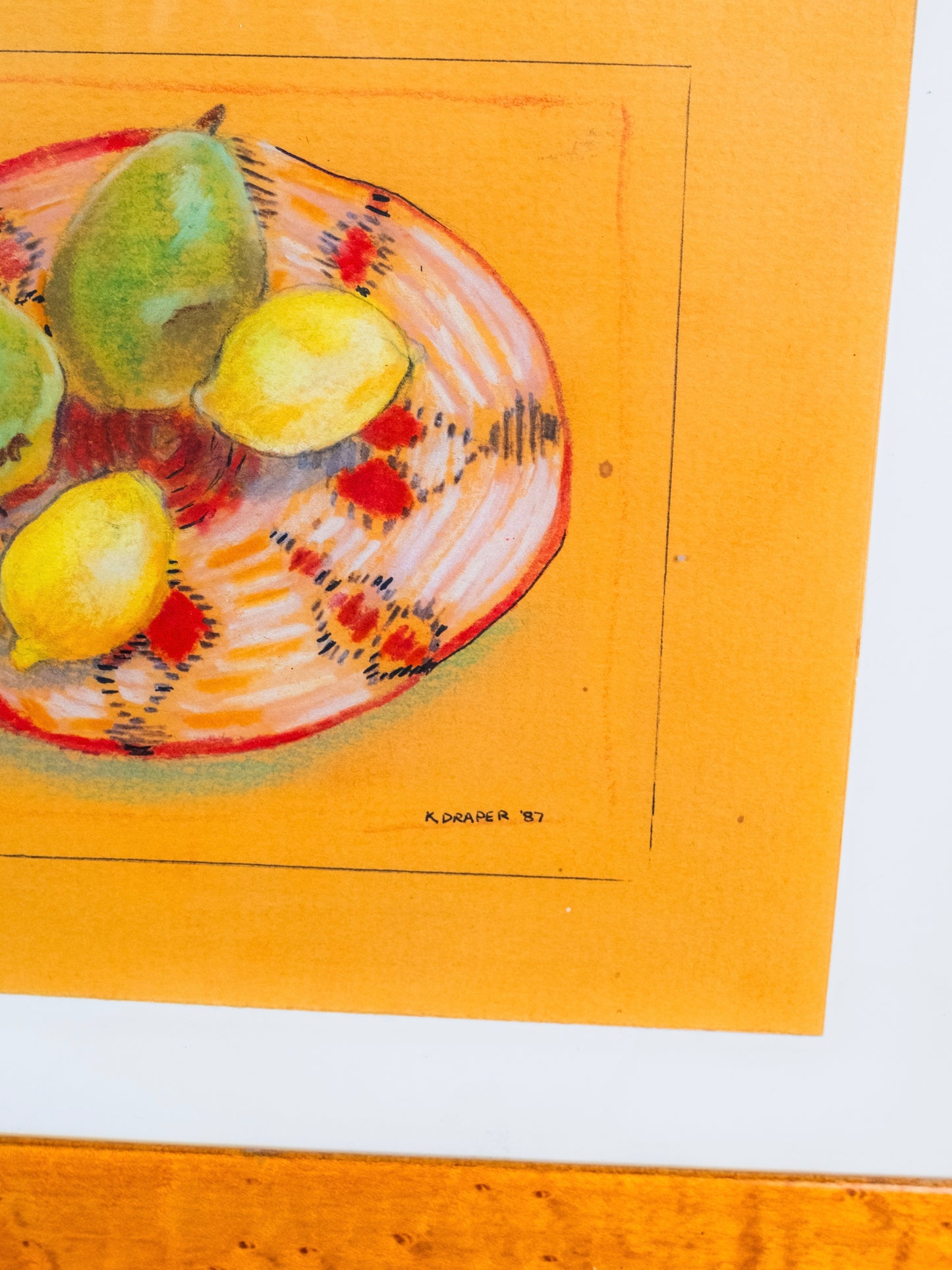 Vintage 1987 Framed "Bowl of Fruit" Southwestern Oil Pastel Drawing | Signed