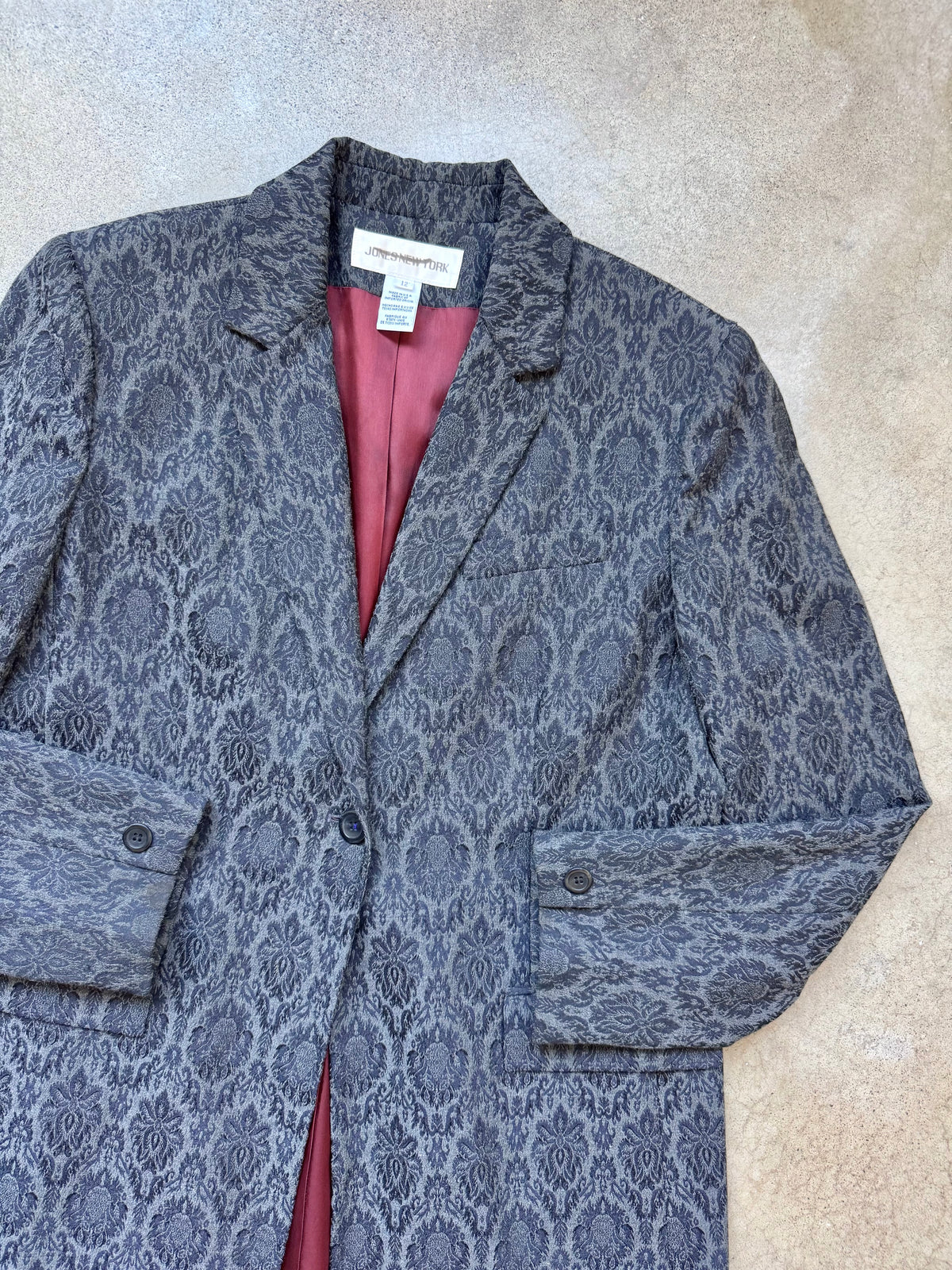 Vintage 1990s Jones New York Grey Brocade Jacquard Overcoat | Large
