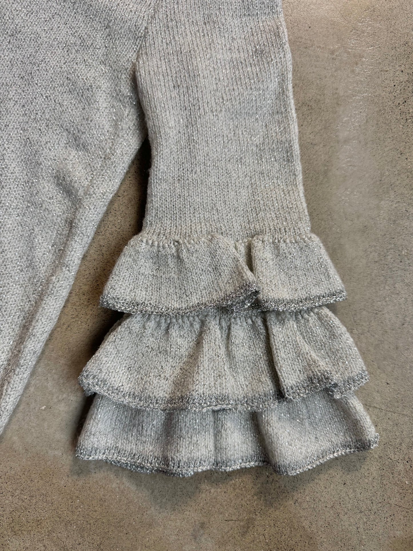 Vintage 1960s Silver Metallic Knit Ruffled Bell Sleeve Sweater | XS