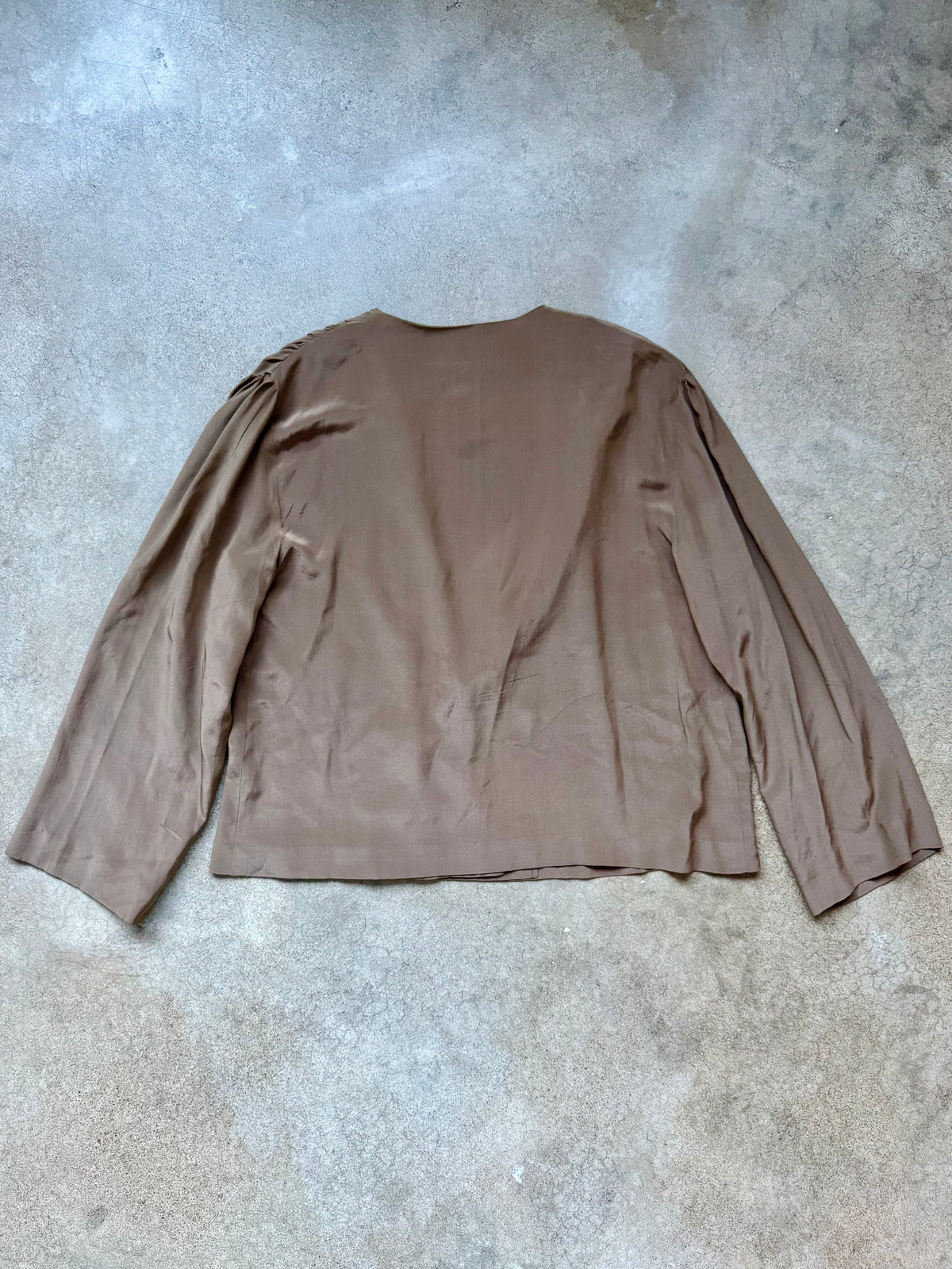 Vintage Handmade Brown & Cream Contrast Lapel Silk Blouse | Large