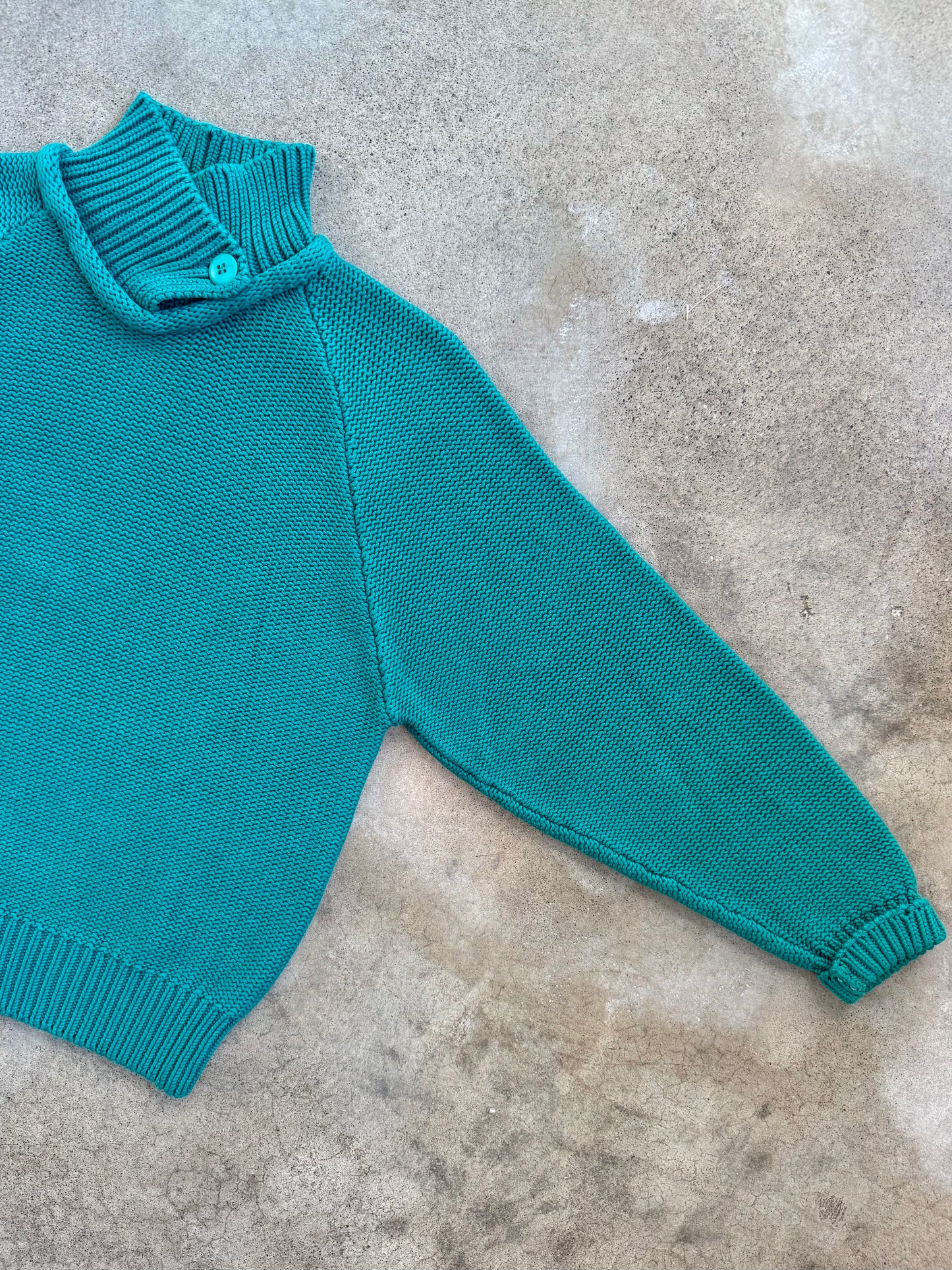 Vintage 1980s Eddie Bauer Teal 100% Cotton Knit Collared Sweater | Small