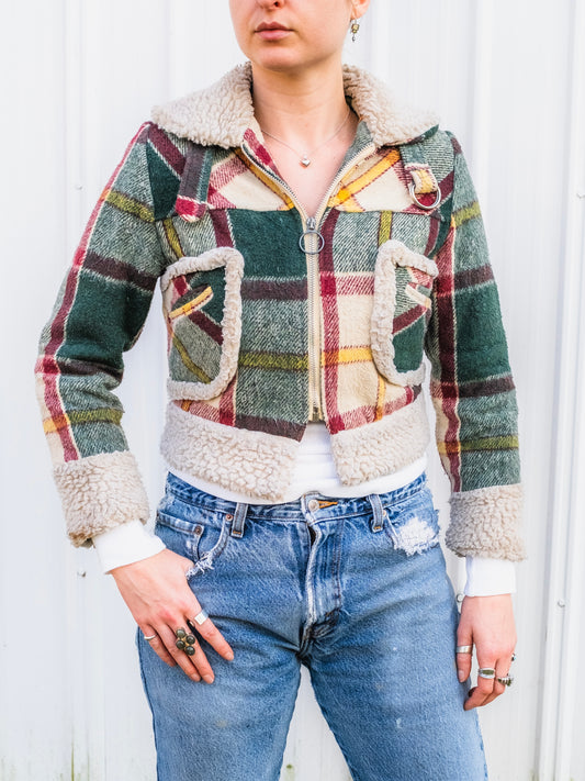 Vintage 1970s Green & Red Plaid Sherpa Lined Cropped Jacket | XS