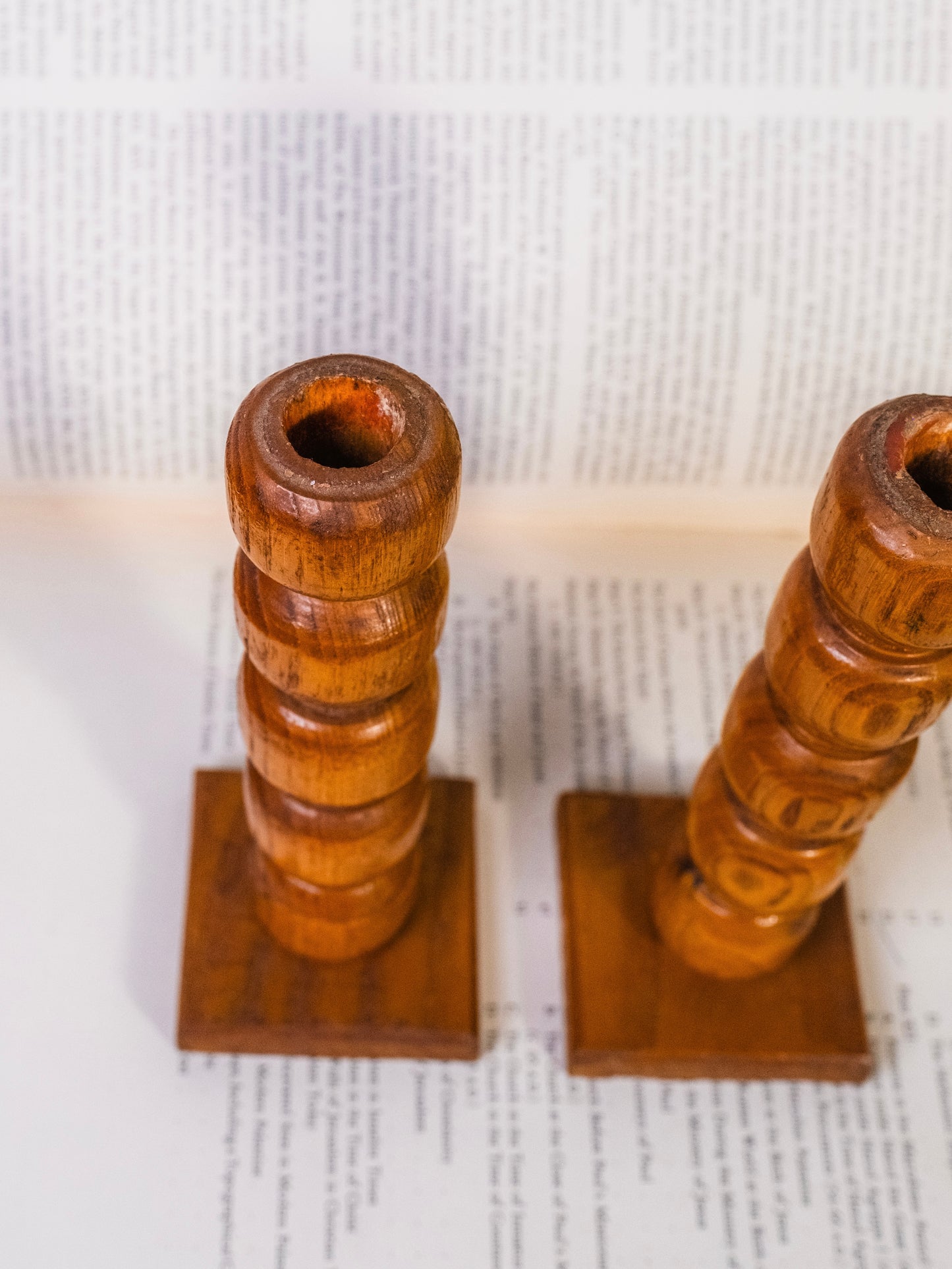 Vintage Hand-Turned Wood Totem Candlestick Holders | Set of 2