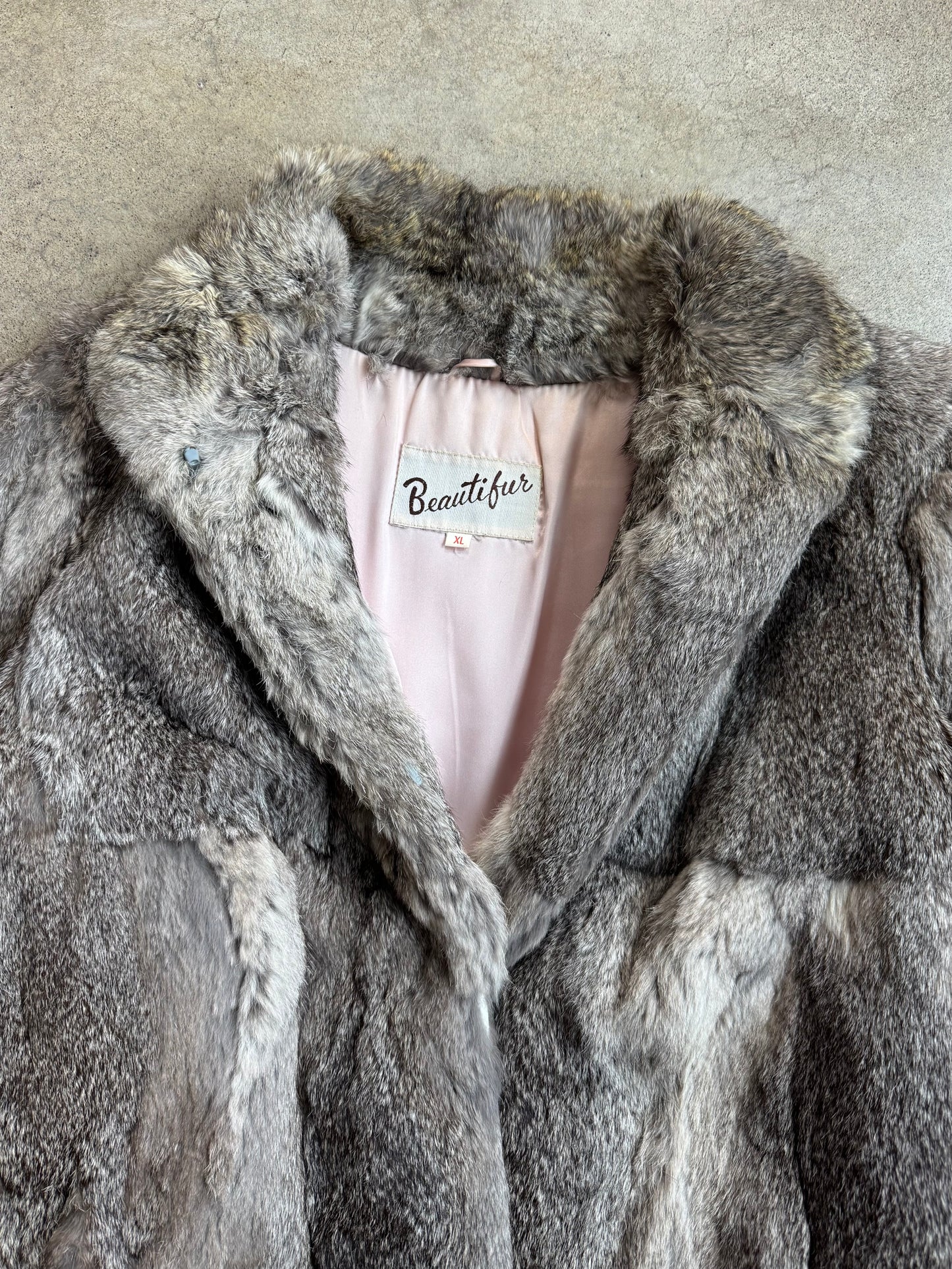 Vintage 1980s Beautifur Grey & Brown Speckled Rabbit Fur Coat | L/XL