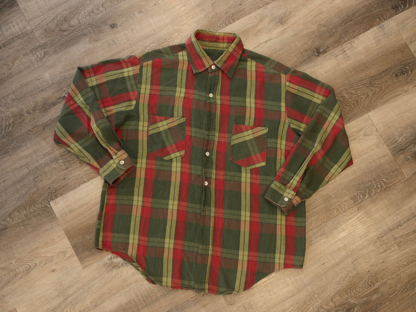 Vintage 1970s Green & Red Plaid Cotton Flannel Shirt | XL