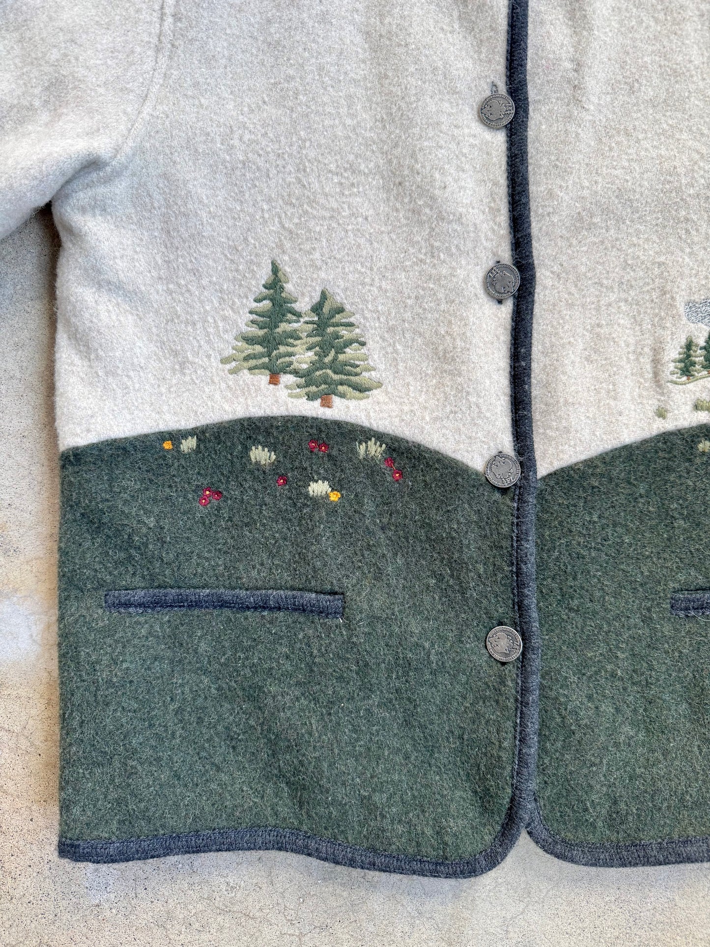 Vintage 1990s Quartiere Latino Austrian "Woodland Town" Embroidered Wool Jacket | Small