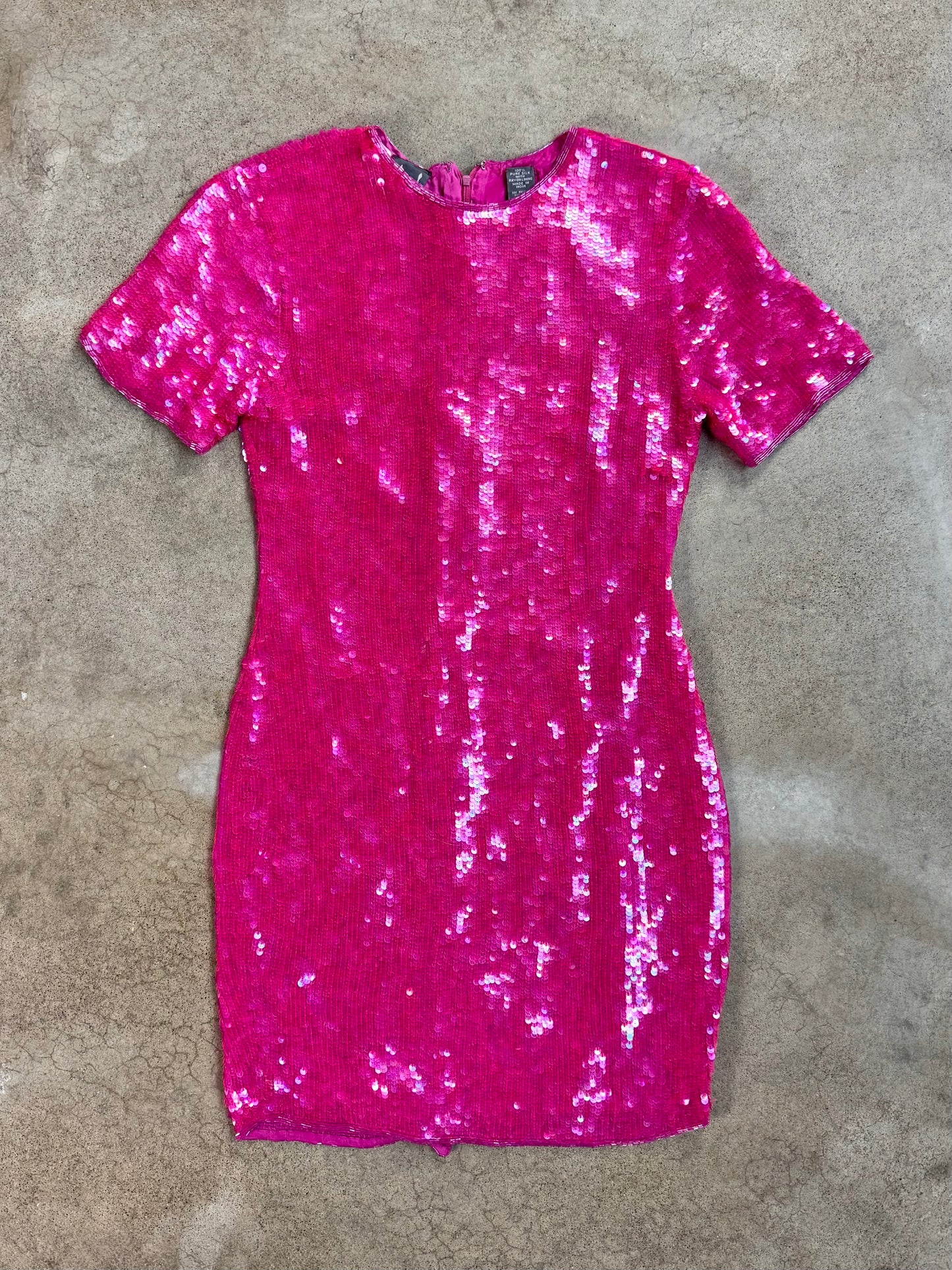 Vintage 1990s Modi Hot Pink Sequined 100% Silk Dress | Small