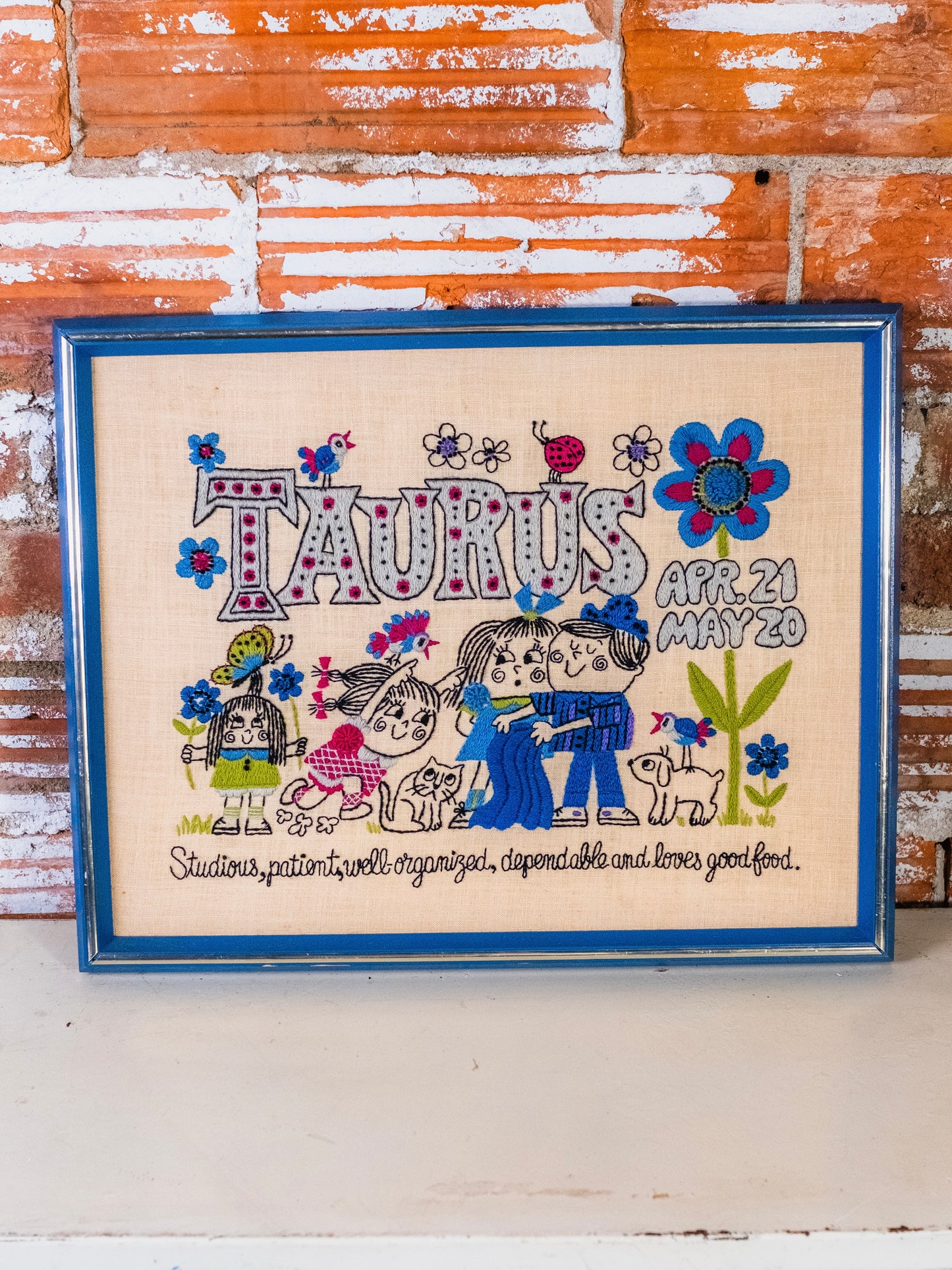 Vintage 1970s Framed Taurus Zodiac Crewel Embroidery Wall Hanging